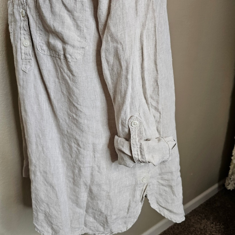 Talbots Medium Natural Beige 100% Linen Roll Tab Sleeve Button Hem Tunic Top - Picture 5 of 10